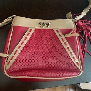 Red with tan accents handbag